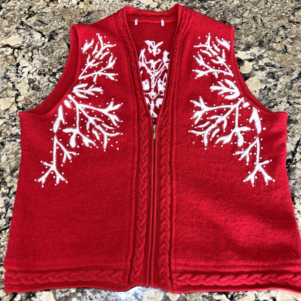 100% Wool Women’s Vest Ugly Christmas Sweater Holiday Red w/ Embroidery CN READ